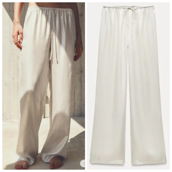 New Zara Shiny Silver Mid Rise Elastic Waist Wide-Leg Pajama Style Pants Medium - Picture 7 of 12